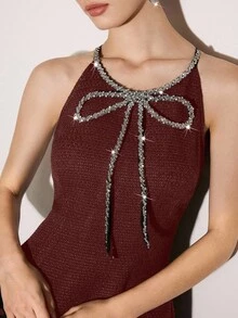 Poshira 女士蝴蝶结仿珍珠装饰吊带无袖A字连衣裙，新款修身显瘦 - 酒紅色 - 查看 3