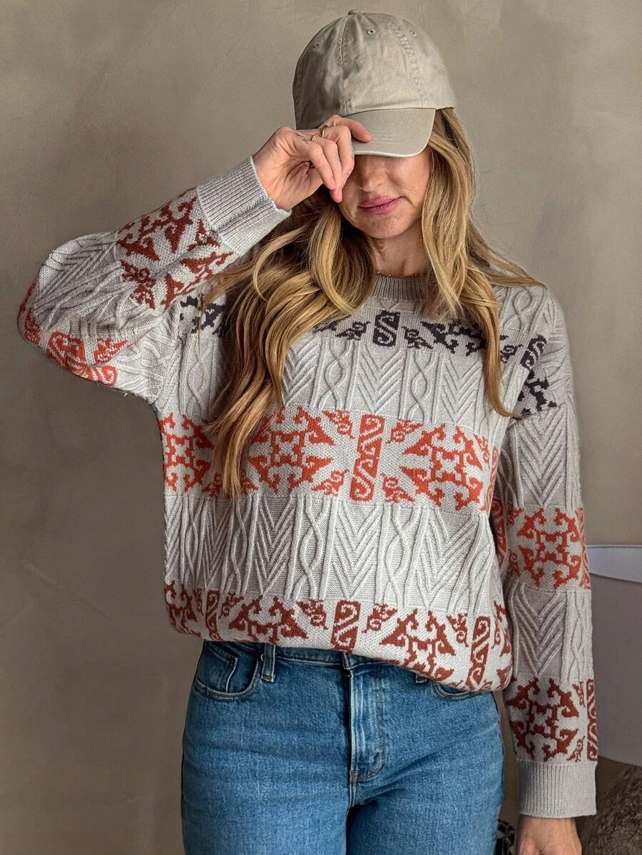 Vivie Lora Suéter feminino de corte solto e cores contrastantes, outono/inverno - Caqui - Ver 1