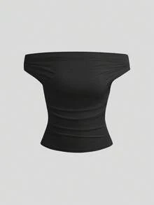 SHEIN Unity Áo trễ vai trơn màu giản dị mùa hè - màu đen - Xem 2
