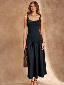 SHEIN Glamour Váy suông cổ vuông ôm sát viền phồng màu trơn thời trang nữ, mùa tựu trường, mùa thu - màu đen - Xem 3