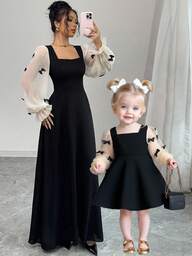 2pcs Mommy And Me Matching Outfits, Cute & Elegant Color Block Bowknot Long Sleeve Dress For Baby Girl (Sold Separately) Elegant Black Dress For Toddler Black Elegant Dress For Toddler Baby Black Elegant Dress Baby Elegant Dress Party Black Mom Daughter Matching Dress