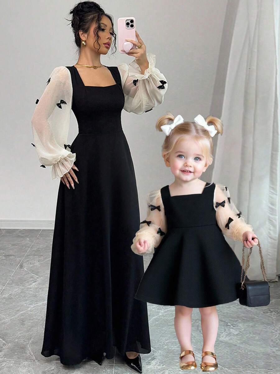 2pcs Mommy And Me Matching Outfits, Cute & Elegant Color Block Bowknot Long Sleeve Dress For Baby Girl (Sold Separately) Elegant Black Dress For Toddler Black Elegant Dress For Toddler Baby Black Elegant Dress Baby Elegant Dress Party Black Mom Daughter Matching Dress
