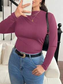 SHEIN Frenchy Camiseta ajustada con cuello alto y fruncido para tallas grandes - Rojo violeta - Ver 4