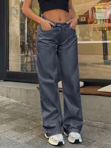 SHEIN Tall 100% 纯棉低腰阔腿白色高腰牛仔裤 - 灰色 - 查看 4