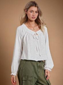 WESTFADE 100% 竹节针织棉 V 领长泡泡袖蝴蝶结前摆上衣可爱秋季上衣，女士休闲波西米亚风，乡村西部音乐会，秋季，秋季，冬季 - 白色 - 查看 3