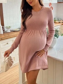 SHEIN Vestido de maternidad de punto de cuello redondo de unicolor de manga larga, otoño/invierno - Rosa vieja - Ver 5
