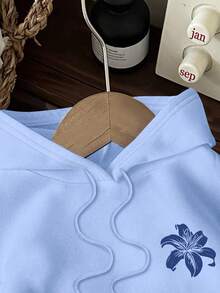 Attitoon Casual Minimalist Blue Printed Pattern Hooded Long Sleeve Loose Fit Women Sweatshirt, Fall/Winter - Baby Blue - View 8