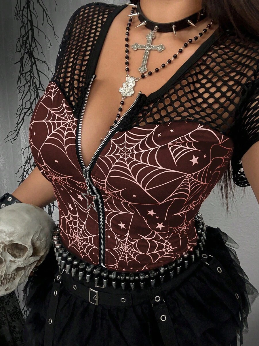 Flirla Plus Size Women Spider Web Print Zipper Collar Dark Style Patchwork T-Shirt - Multicolor - View 1