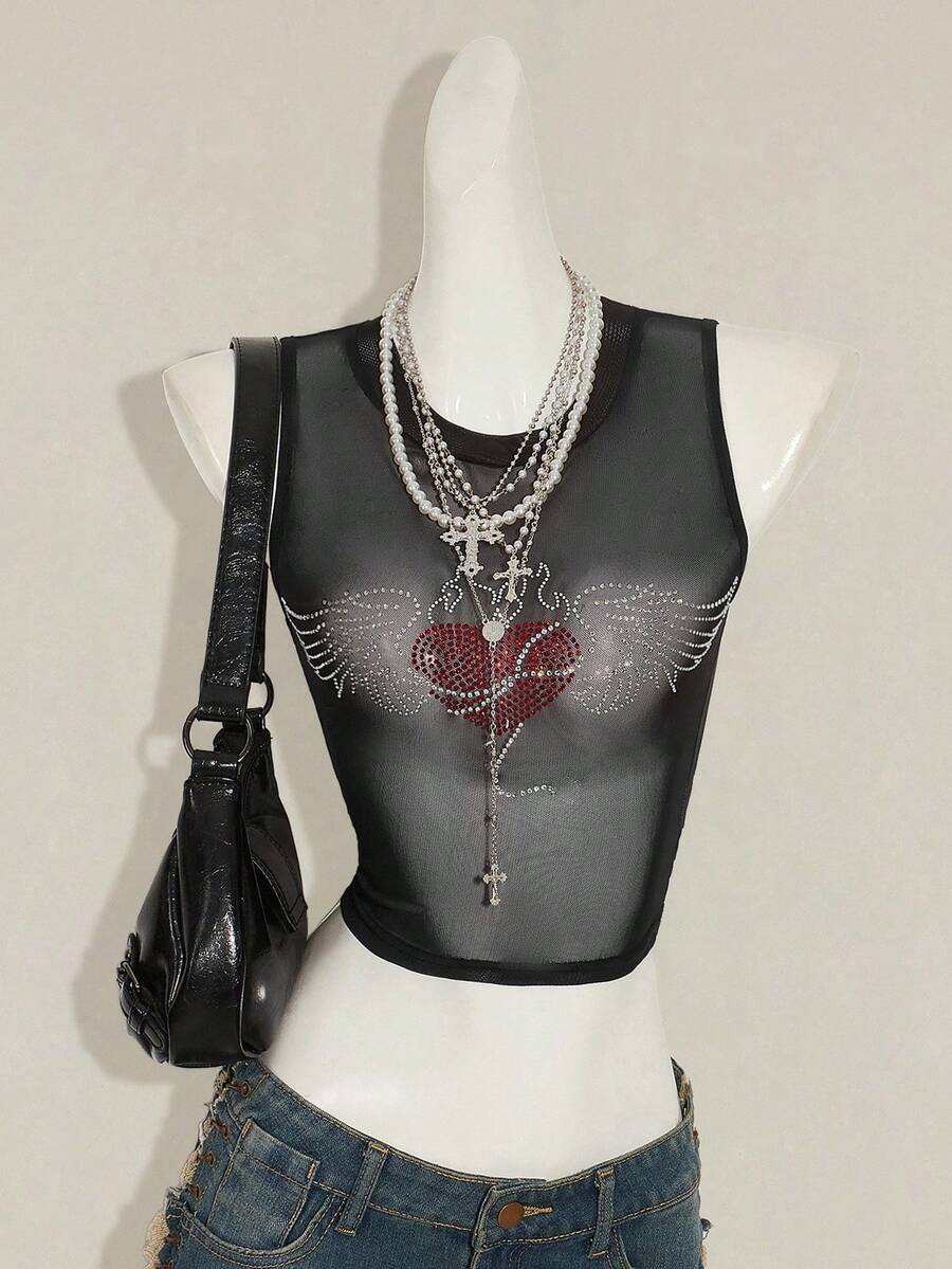 SHEIN ICON Women's Y2k Black Rhinestone Decor Sheer Sleeveless Crew Neck Camisole Top - Black - View 1