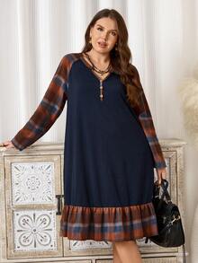 EMERY ROSE Lässiges Karo Patchwork Kleid mit Raglanärmeln und Taschen für Damen in Übergröße, Herbst/Winter, Ausgeh-Outfits, 2025 neue Kleidung, lässige Kleider, fließendes Kleid, Übergrößen-Kleid mit Taschen, Übergrößen-Winterkleider, schlicht und modisch für den Alltag - Verschiedenfarbig - Übersicht 7