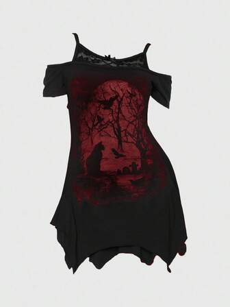 Goth Camiseta corta de mujer de manga corta con hombros abiertos, con parches de encaje, dobladillo asimétrico, estampado de cuervo y árbol muerto del bosque oscuro gótico