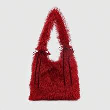 ROMWE Kawaii Women's Vintage Style Vacation Netted Ruffle Bow Decor Large Capacity Tote Bag - Burgundy - View 3