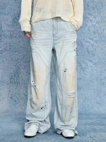 ROMWE MEN Street Life Men's Striped Pocket Punk Wide Leg Distressed Loose Fit Jeans - Light Wash - View 8