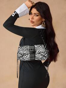 SHEIN X Lucía Bellido SHEIN SXY 女士单肩包、流浪包、黑白斑马纹、动物纹、流苏、铆钉、时尚、街头、简约、个性、百搭、适合约会、日常、购物、下午茶 - 黑與白 - 查看 7