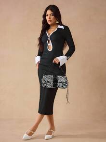 SHEIN X Lucía Bellido SHEIN SXY 女士单肩包、流浪包、黑白斑马纹、动物纹、流苏、铆钉、时尚、街头、简约、个性、百搭、适合约会、日常、购物、下午茶 - 黑與白 - 查看 8