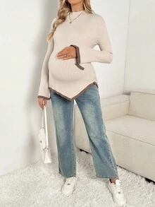 SHEIN Suéter de maternidad con cuello alto, mangas acampanadas y bajo asimétrico en contraste de color, para otoño/invierno