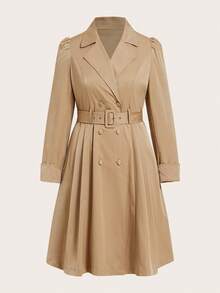 SHEIN Clasi Elegancka sukienka w dużym rozmiarze z wiązaniem w talii i bufiastymi rękawami, wiatrówka w kolorze khaki z kieszeniami - Kolor khaki - Zobacz 6