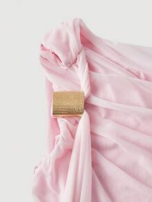 SHEIN MOD Váy midi xếp ly màu trơn thanh lịch cho nữ, vai lệch, mùa hè - Màu Hồng baby - Xem 3