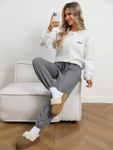 SHEIN LUNE Women's Solid Color Drawstring Waist Pockets Casual Jogger Pants Women's Autumn Winter Pants Going Out Pants - Dark Grey - View 9