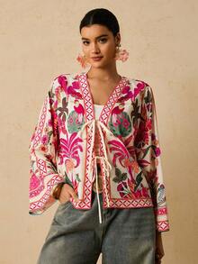 Travachic Retro Print Tie Front Casual Plus Size Blouse For Women Boho Blouses Women S Blouses For Summer Silk Blouse Women Blouses For Summer Anthropologie Clothes Cozy Fall And Winter Clothes For Women Elegant Pink Tops