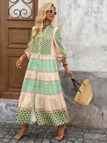 Brillora 女式度假休闲拼色印花前扣拼接长裙 - 綠色 - 查看 6