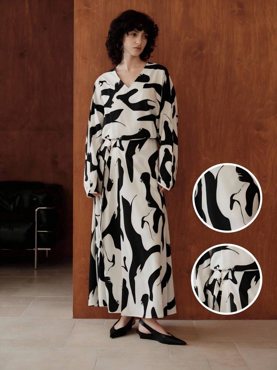 Uhlyne minimalistisches Kleid mit V-Ausschnitt und Langarm, französisches elegantes Kleid mit Blume Muster und Fledermausärmeln, vintage weites fließendes Maxikleid, Damen Lässig Langarmkleid - Schwarz und Weiss - Übersicht 1