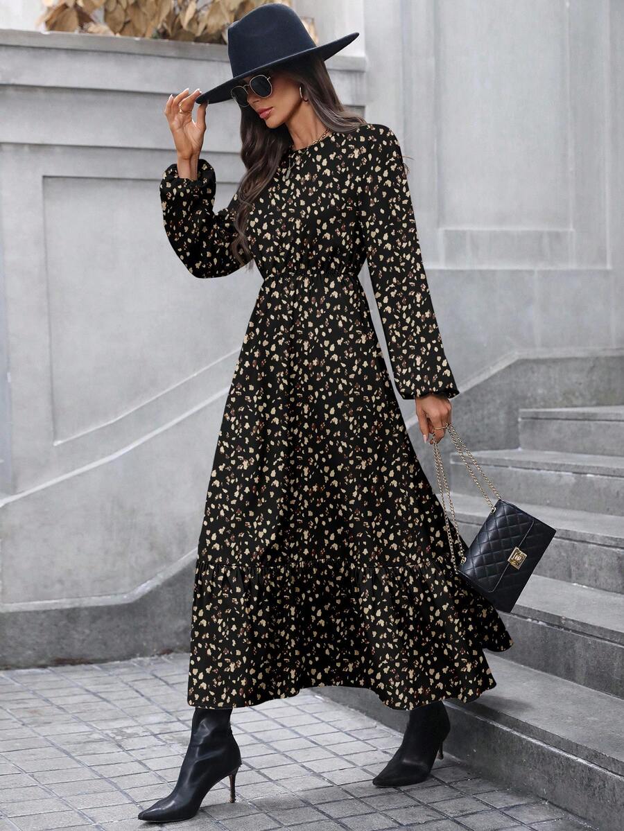 SHEIN LUNE 豹纹长袖收腰连衣裙，秋冬 - 彩色 - 查看 1