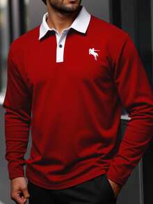 ResortEase Camisa polo de manga larga casual con bordado y ribete de contraste para hombres de talla grande, camisa polo de rugby de manga larga roja, otoño