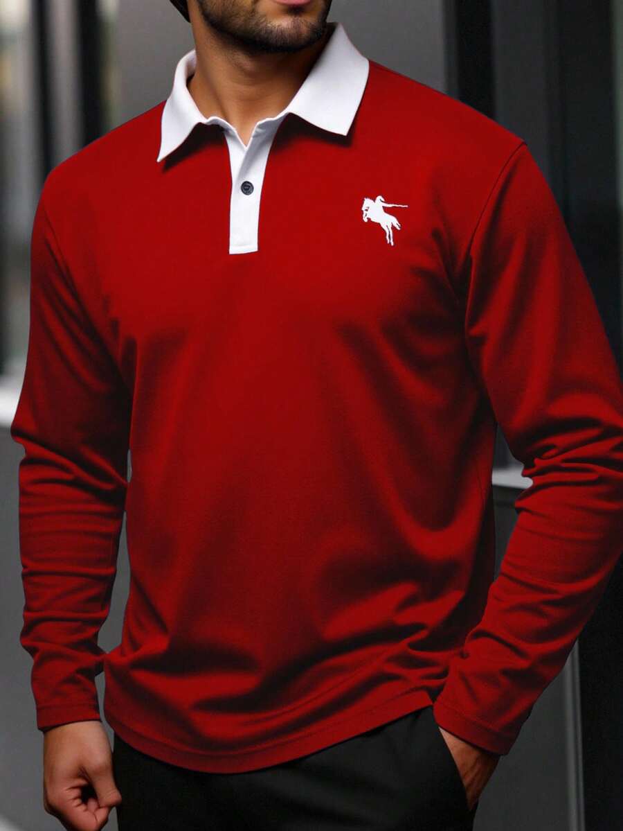 ResortEase Camisa polo de manga larga casual con bordado y ribete de contraste para hombres de talla grande, camisa polo de rugby de manga larga roja, otoño