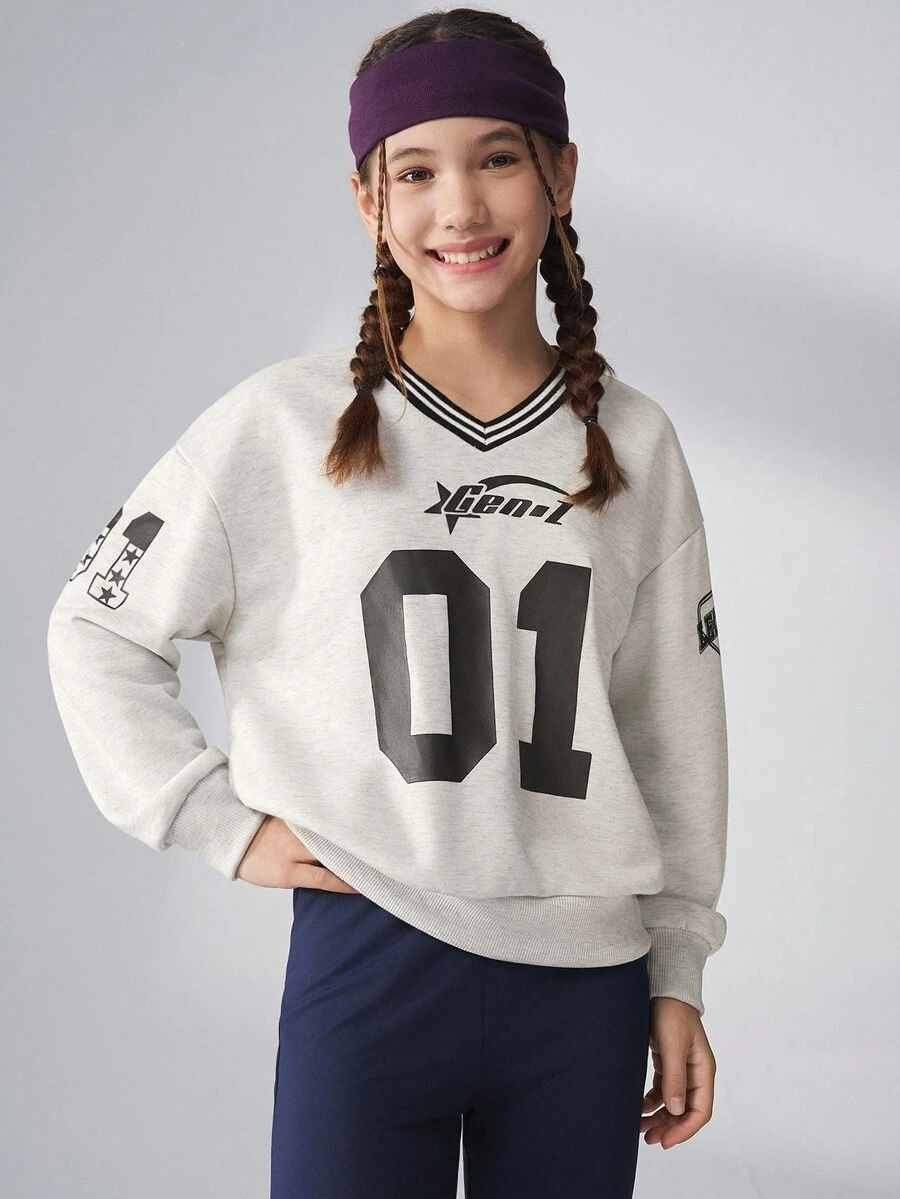 JNSQ Tween Girls V-Neck Loose Casual Graphic Letter Print Sweatshirt, Suitable For Autumn/Winter Daily Wear, Outdoor Activities, Vacation, Streetwear, Party And Leisure - Grey - View 1