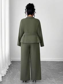 Elenzga 女士优雅翻领 V 领长袖系带纽扣西装外套和直筒阔腿裤套装