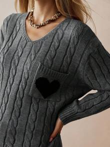 Chiquease Women's Heart Pattern Pocket Design Bohemian Minimalist Pullover Sweater, Autumn/Winter - Grey - View 6