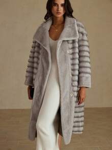 Aveloria Rosie 新款时尚简约高端设计别致长款上衣带口袋，人造毛皮拼接优雅时尚夹克 - 灰色 - 查看 5