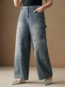 Anewsta Fashionable Diamond Embellished Women's Straight Leg Blue Jeans - Blue - View 7