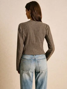 Poéselle Áo sơ mi nữ có đệm vai và khuy kim loại, áo màu nâu mùa thu, áo cánh ấm áp cho mùa đông, mùa thu, Giáng sinh, năm mới, lễ tạ ơn - màu nâu - Xem 4