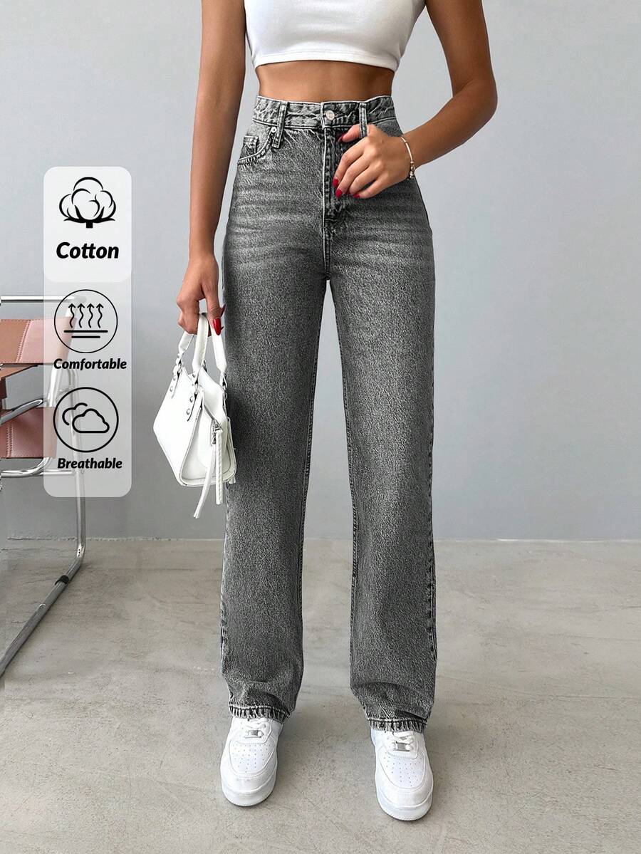 SHEIN Tall Tall High Waist Snow Wash Straight Jean - Grey - View 1