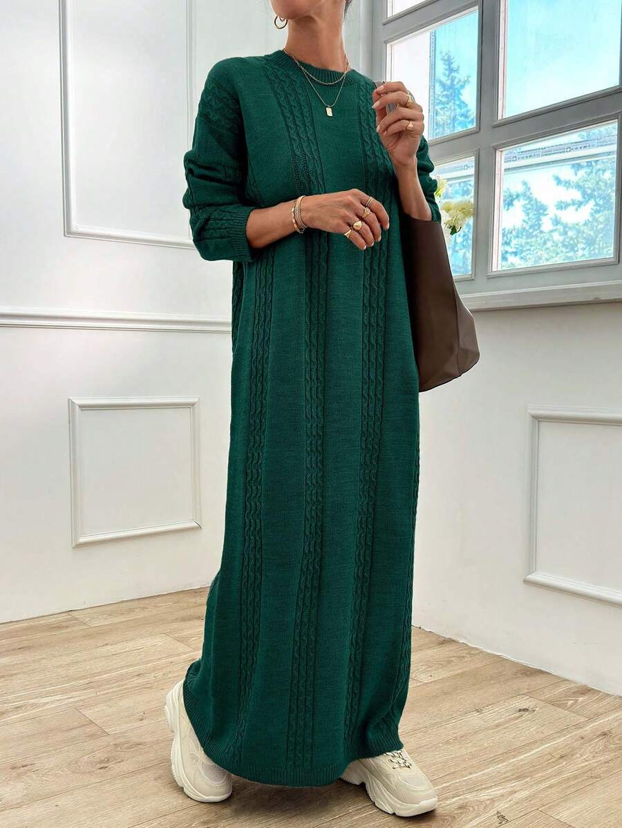 EURMUSE 女式休闲宽松圆领长袖麻花针织图案毛衣裙,秋冬 - 綠色 - 查看 1