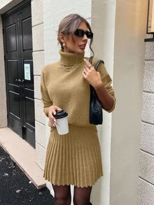 EMERY ROSE Bộ 2 món áo trễ vai cổ cao màu trơn đơn giản dành cho nữ, mùa thu - Màu Khaki - Xem 7