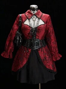 Sunspun 春/秋冬，优雅，新中式纹理提花面料拼布黑色梭织面料蕾丝边装饰立领泡泡袖A字连衣裙带系带装饰 - 彩色 - 查看 5