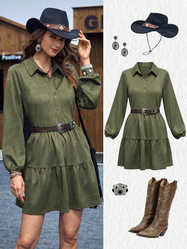 LanaWest Vestido camisero casual de vacaciones con diseño de nicho, de manga larga, con solapa militar verde, abotonadura sencilla, dobladillo con volantes, estilo bohemio occidental para mujer