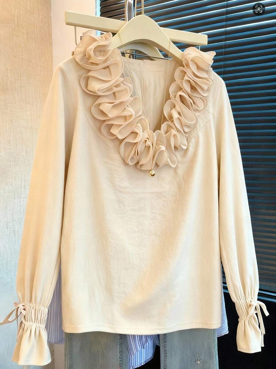 SHEIN Frenchy Women's Solid Color Ruffle Trim Long Sleeve Fashion Blouse, Winter Casual - Apricot - View 1
