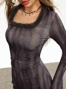 INAWLY 女式拼布仿皮草领喇叭袖扎染印花中长连衣裙 - 灰色 - 查看 4