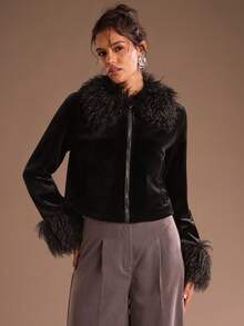 Glamine 女式性感优雅绒面流苏边无领长袖短款夹克 - 黑色 - 查看 4