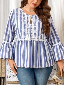EMERY ROSE Áo blouse tay dài tay loe họa tiết sọc xanh trắng cỡ lớn dành cho nữ mùa thu thường ngày, đi chơi, mẫu mới 2025, đơn giản và thời trang để mặc hàng ngày, áo babydoll, mùa thu/đông, giáng sinh cho nữ, năm mới - Xanh và trắng - Xem 4
