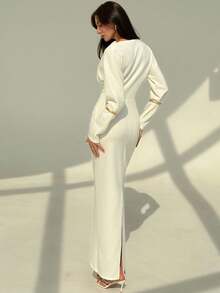 Aloruh New Solid Color Versatile Elegant Intellectual Minimalist Office Commute Ruched Decor Loose Top Tight Waist Bodycon Maxi Long Sleeve Dress - White - View 2
