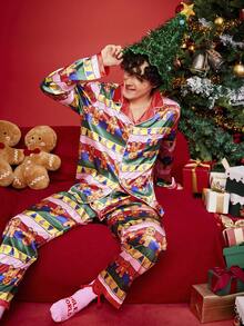 Notgurli Men's Cartoon Print Button-Up Top & Pants Loungewear Set, Fall Clothes, Christmas - Multicolor - View 1