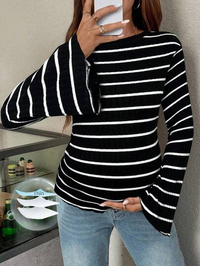 SHEIN Pregnant Women Striped Crew Neck Flare Sleeve Casual T-Shirt, Versatile For Autumn Cute Long Sleeve Top Women Casual Tops Striped Long Sleeve Top Women Long Sleeve Top Stripe Top