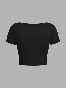 SHEIN EZwear Bộ 4 áo thun nữ cổ tròn, vuông, tay ngắn, họa tiết tối giản, phù hợp cho mùa hè - Nhiều màu - Xem 4