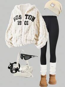 SHEIN ChillGRL 2 件青少年女孩复古蓬松连帽衫和紧身裤套装，适合日常穿着的休闲装，秋冬 - 米色 - 查看 1