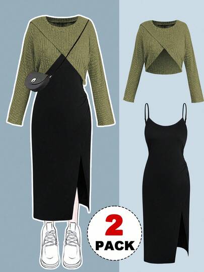 Flirla Plus Size Autumn/Winter Ribbed Asymmetric Design Top + Spaghetti Strap Pleated Split Contrast Color Dress 2 Pieces Set